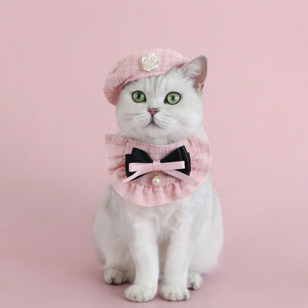 Cat Hat Bow Tie Set Cute Flower Bow Bibs Beret for Cat Dog Party Photo Props Cat Accessories